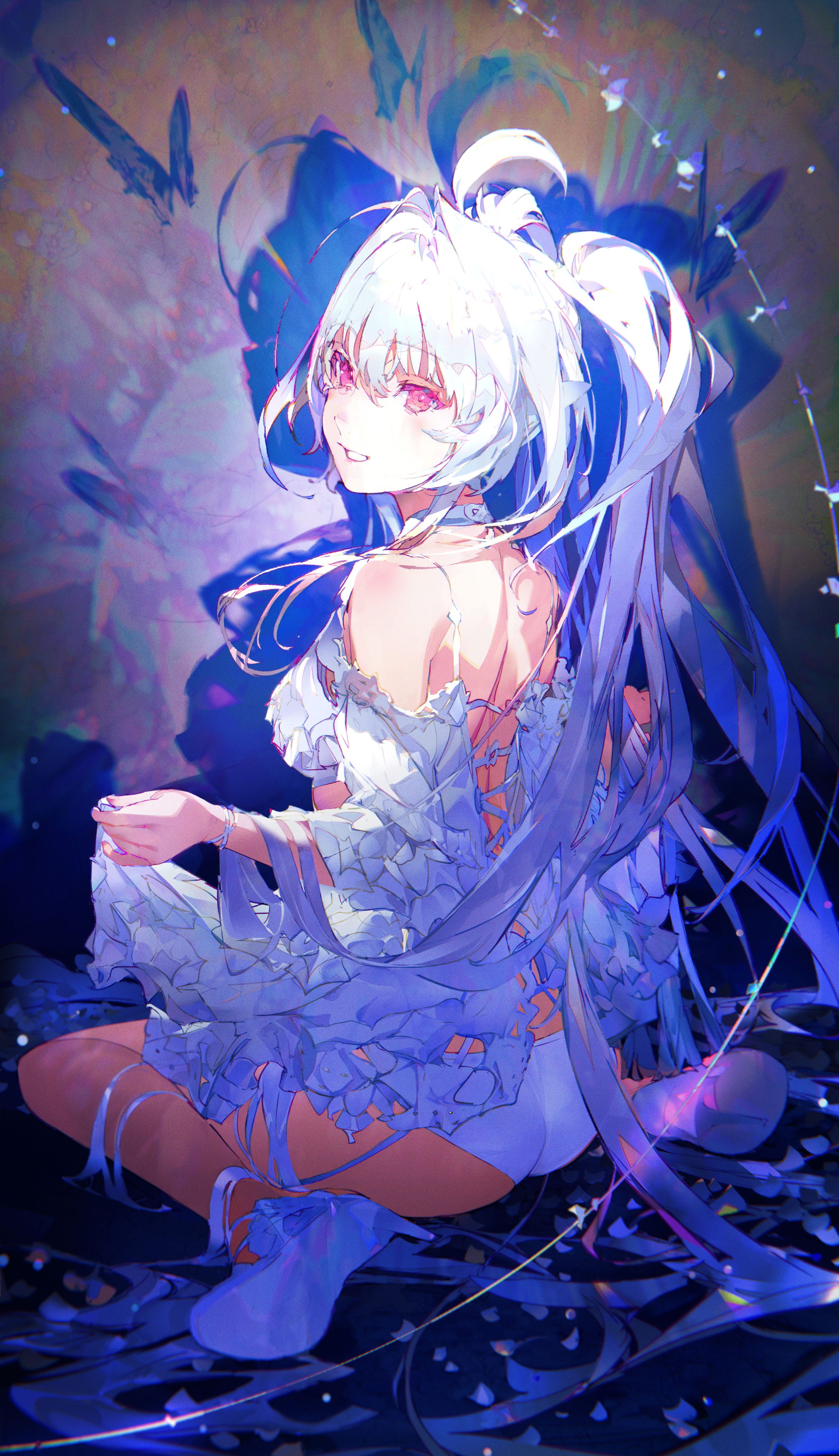 the image is a digital painting or illustration of a young animestyle girl. she has long, flowing white and purple hair styled in loose pigtails.  her eyes are large and expressive, glowing with an inner light. she's wearing a tattered, offtheshoulder white dress with blue accents that gives a feeling of delicate fragility.  she's sitting with one leg tucked under her, appearing graceful and ethereal.  the background features dark blues and purples with translucent butterflies and sparkling light effects that give a magical and mystical feeling. the overall style is vibrant and detailed, with a focus on creating a fantastical and artistic atmosphere.
