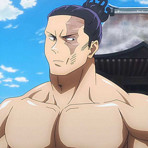 a closeup depiction of a muscular anime character, likely a sumo wrestler, set against a backdrop of a traditional japanese building and a partly cloudy sky.  he has tan skin, dark hair styled in a top knot, and a determined expression on his face. a distinctive scar marks the left side of his face.