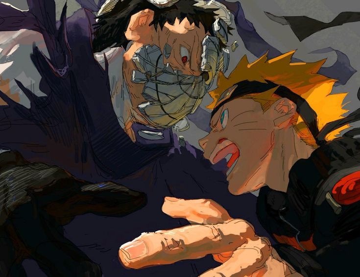 the image depicts a closeup of an intense confrontation between two anime characters. on the left is a masked figure with a purple outfit and a mechanical mask. on the right is naruto uzumaki, a young ninja with a bright orange jumpsuit. they both have fierce expressions on their faces, their hands raised in a fight posture, suggesting a dramatic showdown. the image is full of energy and action, captured in a dynamic style. the characters' expressions and poses emphasize the intensity of the moment. the background is obscured, focusing attention on the protagonists.  the image is a compelling depiction of an anime battle scene, capturing the characters' determination and the anticipation of a fierce clash.