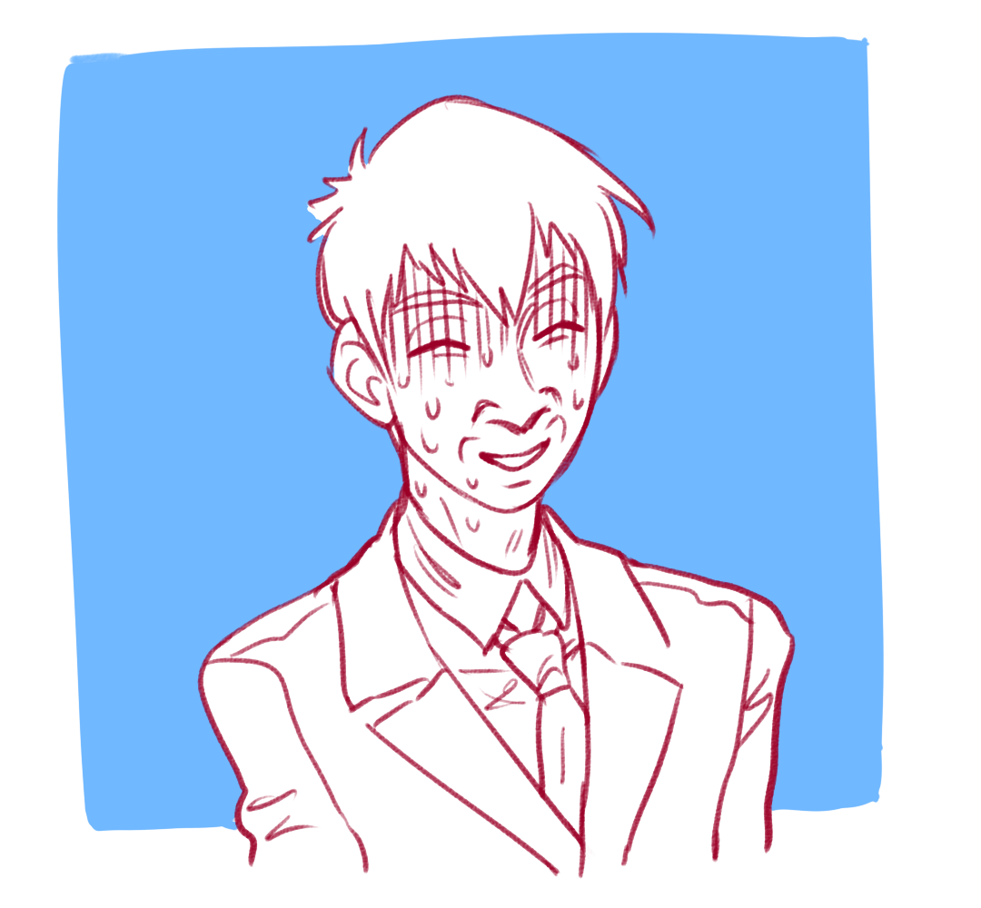 a stylized drawing of a man with short hair wearing a suit and tie.  he is sweating profusely and has a nervous smile. the background is a solid blue color. the drawing style is reminiscent of anime and manga.