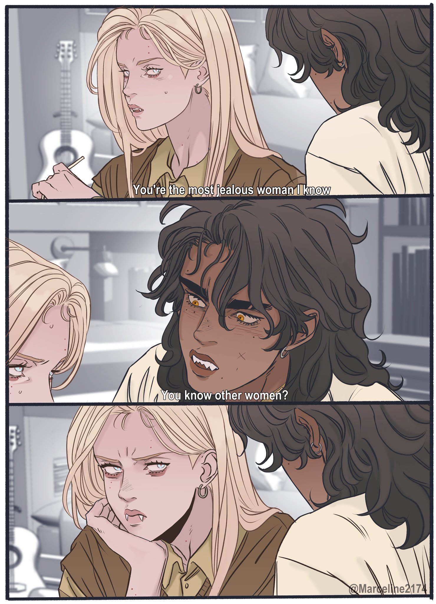 the image is a comic strip composed of three panels, depicting a conversation between two women. in the first panel, a woman with long blond hair is speaking to a woman with dark, wavy hair. the blond woman has pale skin and is holding a pencil. the dialogue bubble says, "you're the most jealous woman i know." in the second panel, the darkhaired woman, who has darker skin and visible fangs, replies with a smirk, "you know other women?" her eyes are goldenyellow. the final panel shows the blond woman again, with an annoyed expression and visible fangs, resting her chin on her hand. a guitar is visible in the background of the first and third panels. the artwork has a distinctive illustrative style. the artist's name "marceleine2174" is at the bottom of the image.