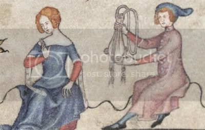 the image is a piece of medieval artwork, specifically a manuscript illumination. it features two people: a woman on the left and a man on the right. the woman is wearing a blue dress with red sleeves and has red hair. she is making a gesture with her right hand. the man is wearing a pink robe, blue hat and boots. he is sitting and holding up a white bag. there are black lines beneath them, perhaps representing the ground.