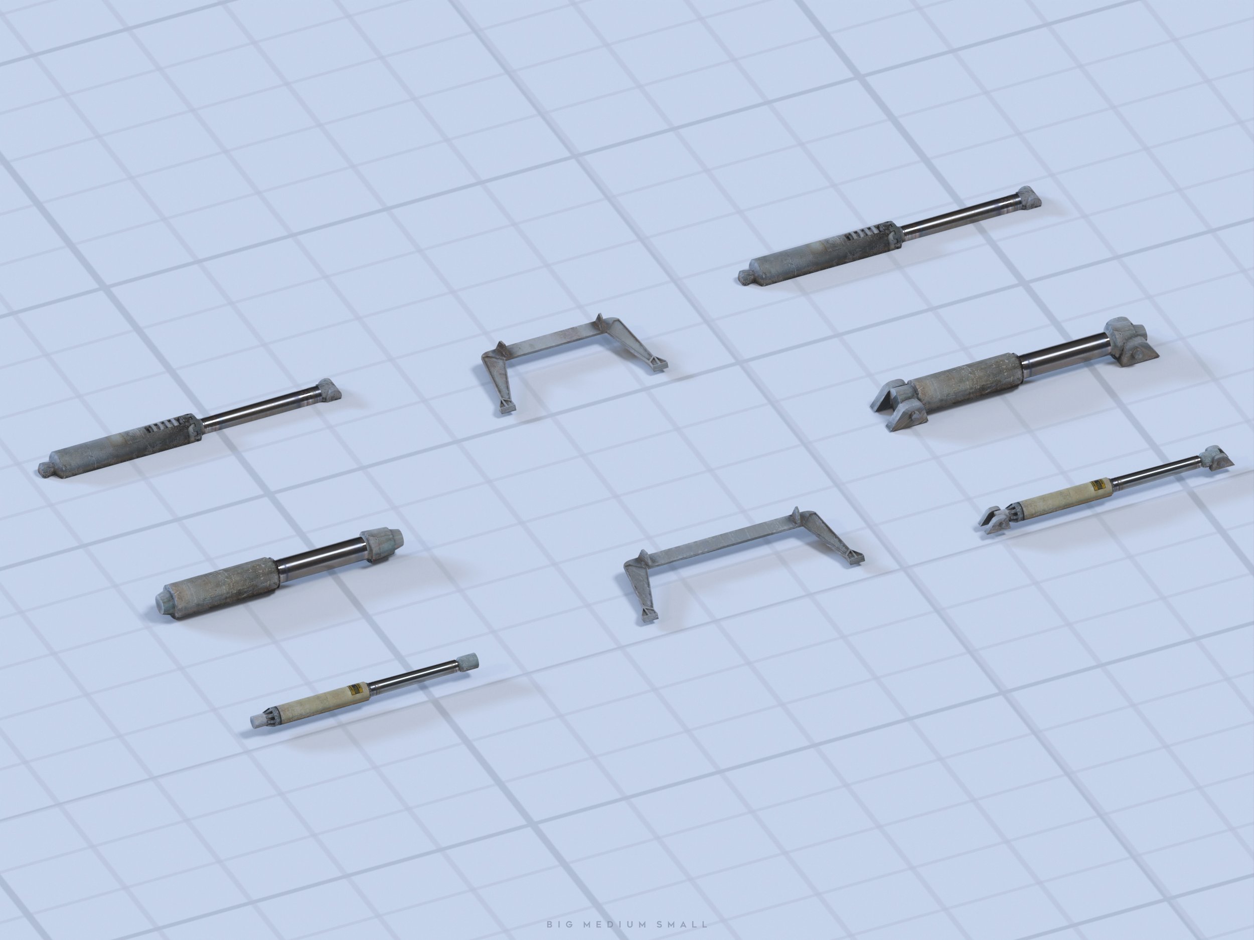 the image shows a collection of 3drendered models of hydraulic cylinders of varying sizes arranged on a gridded surface.  there are three sizes of cylinders, and each size is shown in multiple orientations, along with some metal brackets or supports.  the cylinders appear to be metallic in a weathered grey or silver finish.  the background is a light blue grid pattern, enhancing the technical and engineering aspect of the image.  the overall style is clean and minimalist, suitable for a technical illustration or catalog.