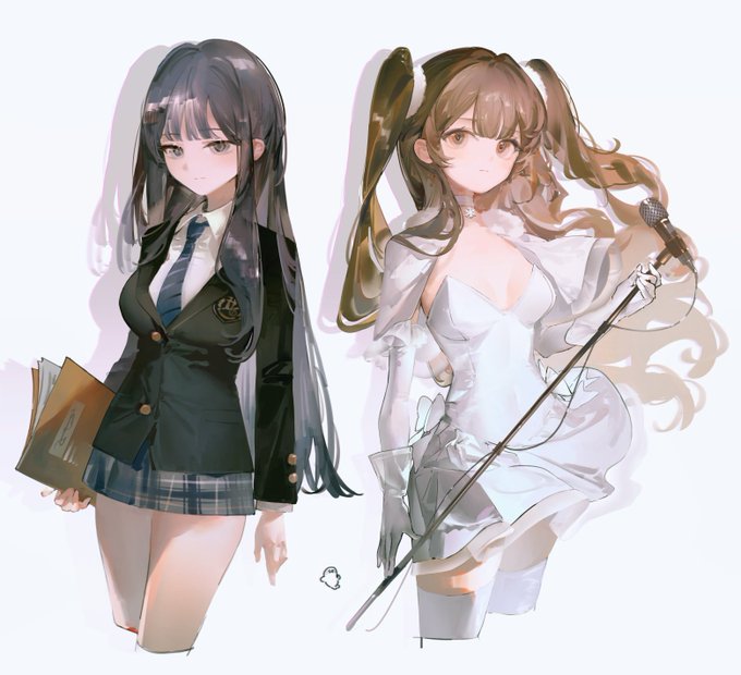 two anime girls. the girl on the left is wearing a school uniform with a blazer, a plaid skirt, a white shirt, and a tie. she is holding a book in her hand. the girl on the right is wearing a white dress and holding a microphone. both girls have long hair.