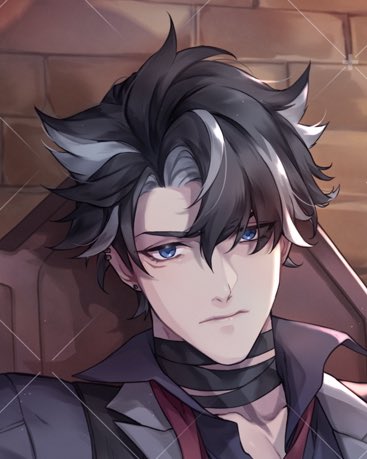the image features a young, handsome anime boy with black hair with a white streak. he has blue eyes and a serious expression. he is wearing a stylish suit jacket with a black collar. the background is a blurred image of a room. the art style is digital and the image is a portrait.
