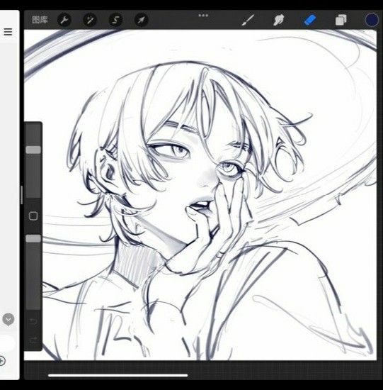 this is a black and white digital sketch of a young man.  the sketch is done in an anime/manga style and the subject is viewed from the chest up. his head is turned to the left and he has his right hand up to his face.