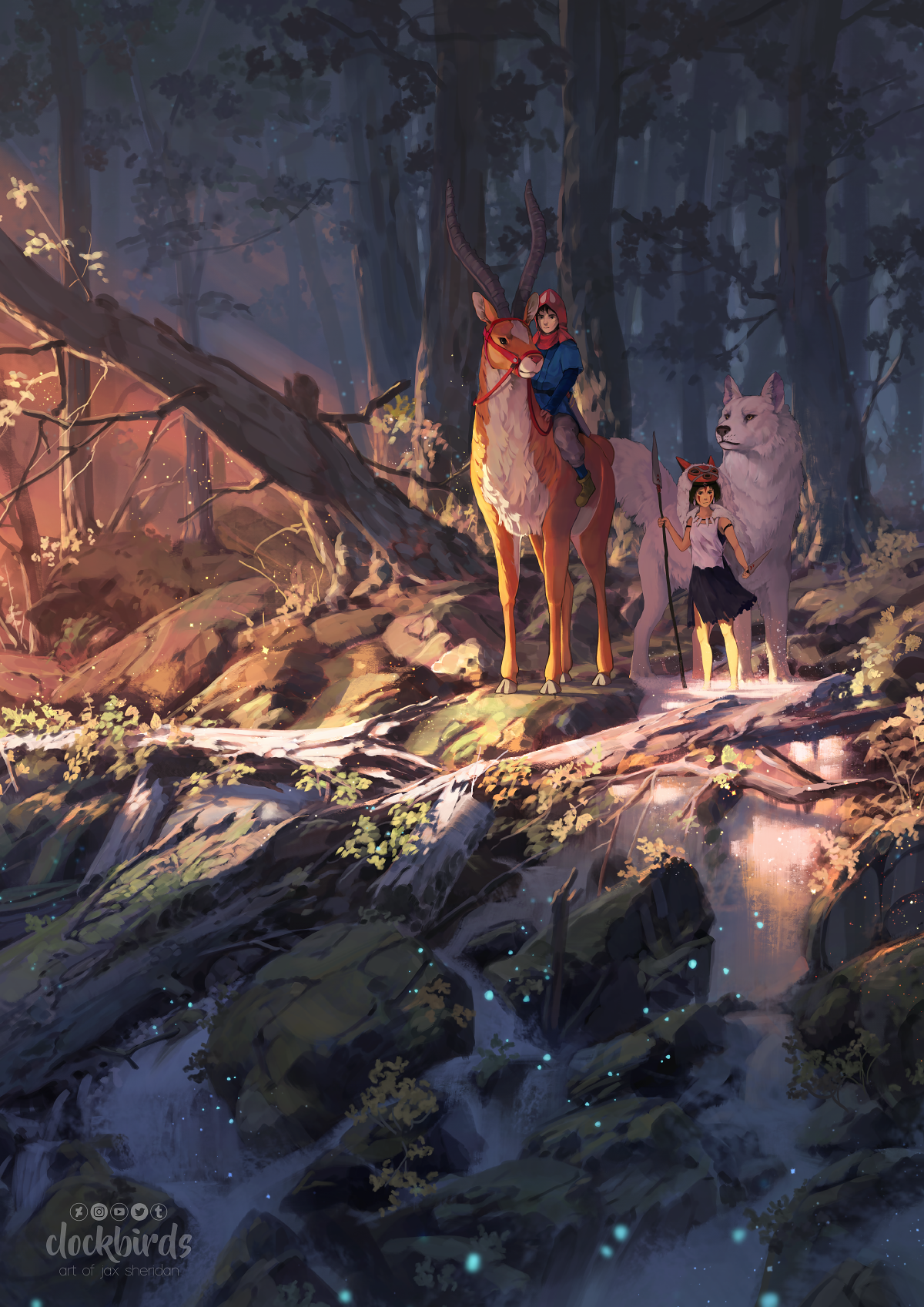 the image presents a ghibliinspired illustration set in a mystical forest during sunset. two girls, one wearing a red hood and carrying a staff, are accompanied by a majestic deerlike creature with antlers and a white wolf. they stand on a natural bridge formed by fallen trees, overlooking a rocky stream adorned with glowing blue fireflies. the warm sunset hues bathe the scene in a magical glow, highlighting the lush greenery and creating a serene and enchanting atmosphere.