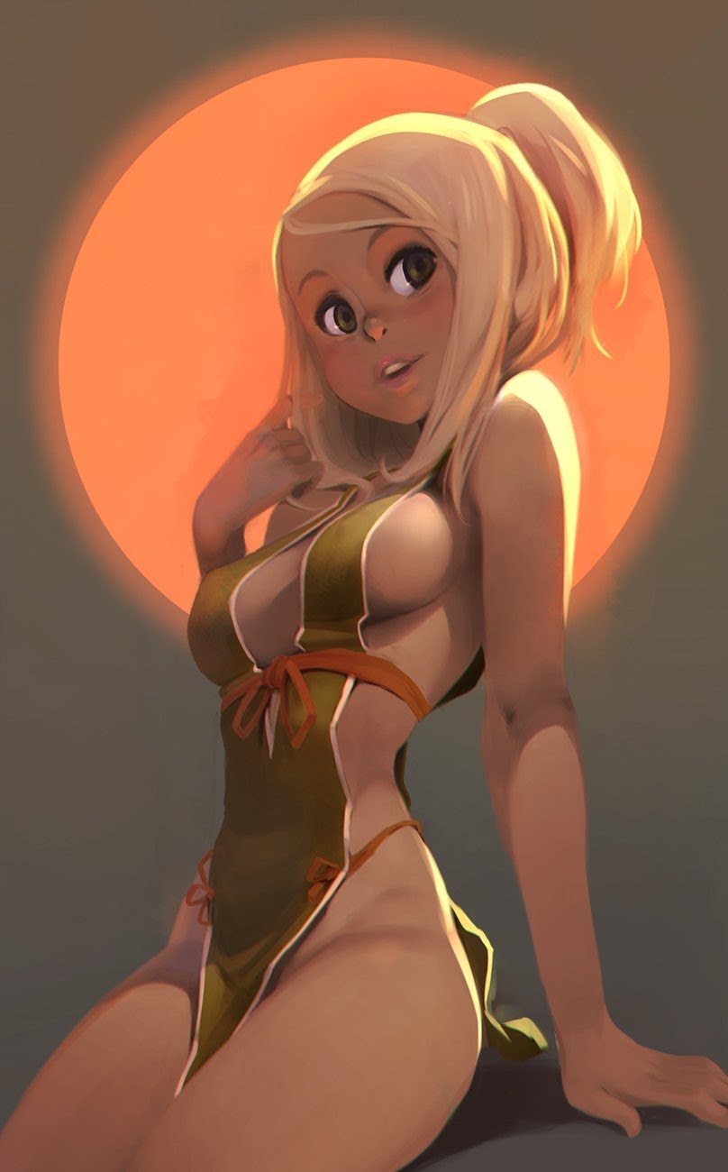 a digital illustration of a woman with blonde hair sitting in a green dress in front of a red and orange sunset.