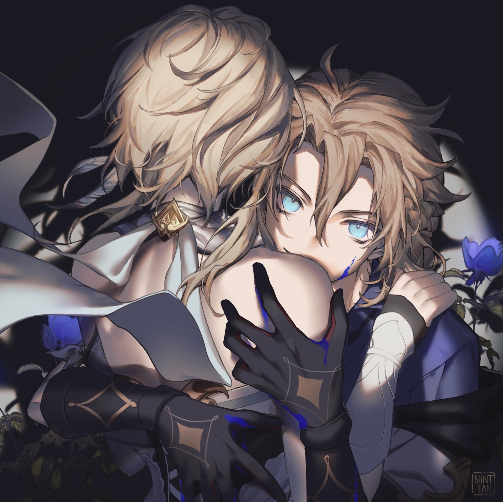 the image is a digital illustration of two anime characters, albedo and kaeya from the video game genshin impact. albedo, a young man with blonde hair and blue eyes, is embracing kaeya, another young man with blonde hair and blue eyes. albedo is wearing a white scarf and black gloves, while kaeya is wearing a blue and white outfit. they are surrounded by a dark background with a blue flower in the corner. the image is drawn in a detailed and realistic style, with soft lighting and shading. the characters are depicted with a sense of intimacy and affection, and their eyes suggest a romantic connection.