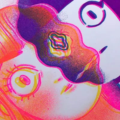 a psychedelic illustration featuring a vibrant pink, purple, and yellow color scheme. it appears to be a closeup of a face, showcasing a large eye and an open mouth. the background is a black and white abstract design with a psychedelic twist.