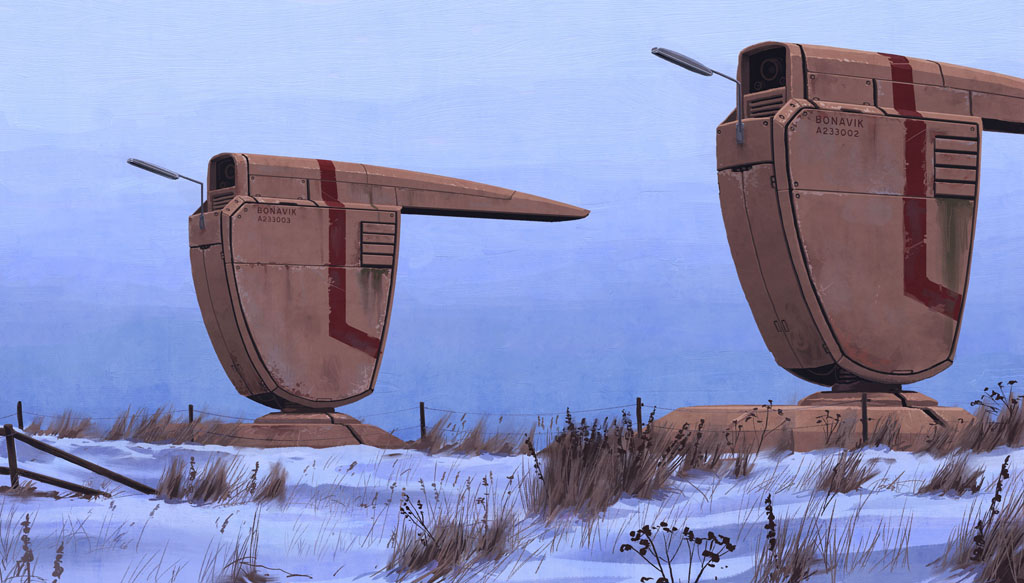 a snowy field in a futuristic setting with two large robots or machines with lights on top. one of the machines is facing the viewer, with the other facing away from it. the sky is a bright blue with hints of purple. there is a small, rusted metal fence in the foreground of the image.