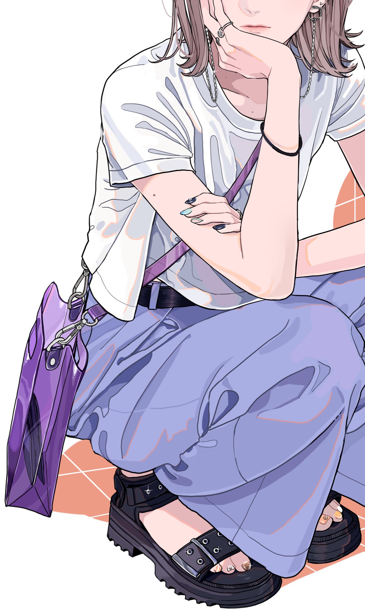 a digital drawing shows a seated anime girl wearing a white oversized tshirt, light purple pants, and black chunky sandals. she is wearing earrings, finger rings, a bracelet, and a choker. she has manicured nails. she is also wearing a purple handbag with a crossbody strap.