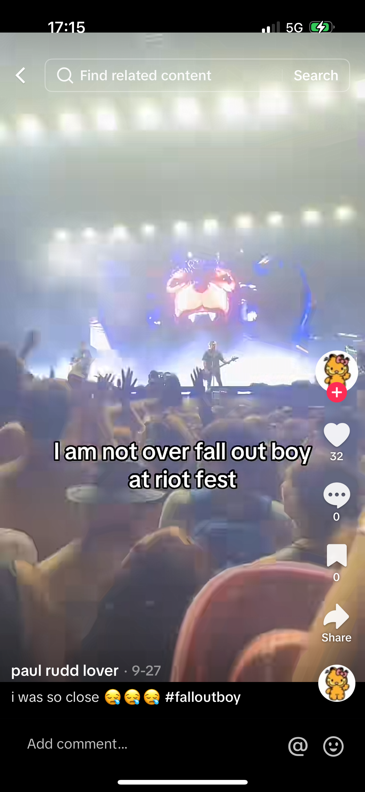 a video of a concert from the perspective of a fan. the fan is very excited about the concert and is singing along to their favorite band fall out boy. the crowd is lively and there is a positive energy in the air.
