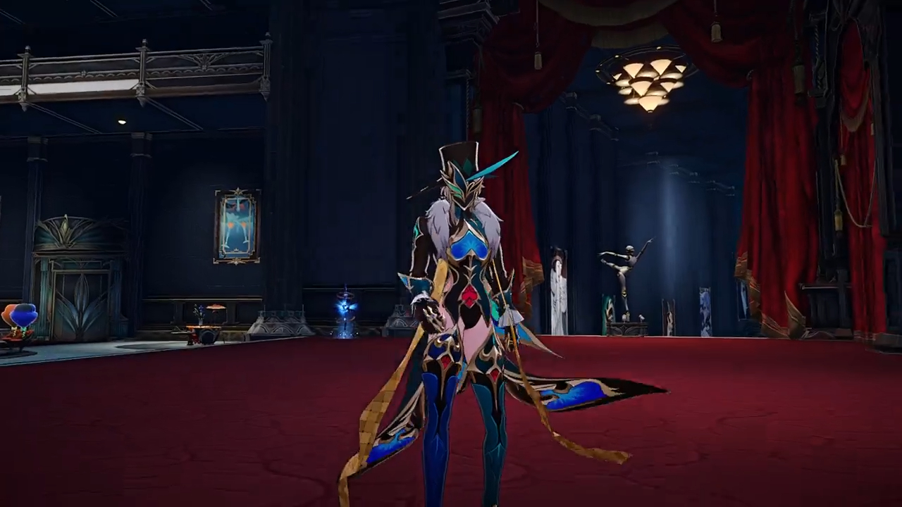 a video game character stands on a stage in a grand hall. the character is a male warrior with an anime style, wearing a black, blue and gold costume, a top hat, and gloves. the character has a serious expression and is holding a staff or sword weapon. in the background, there is a stage curtain and a statue of a dancer, creating an elegant atmosphere. the hall is ornate and grand, with red and gold decor. the image is 3d rendered and has a high level of detail.