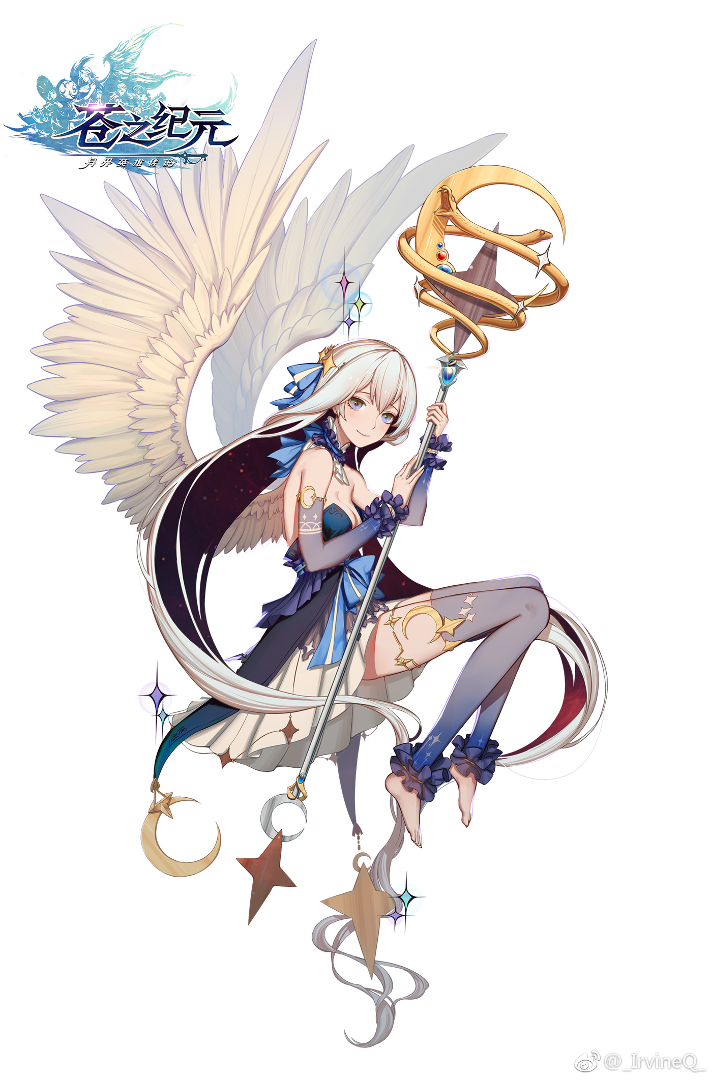 the illustration showcases a female character with long, flowing white hair and captivating blue eyes, dressed in an elegant blue and white dress. she has large, feathery white angel wings spread out behind her. she is sitting gracefully, holding a golden staff adorned with celestial motifs, including a crescent moon and stars. the background features a celestial theme with stars, a crescent moon, and swirling patterns. the color palette primarily consists of white, blue, gold, and hints of purple. the overall style is reminiscent of anime and features intricate details.