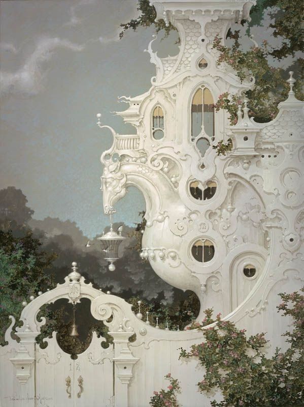 the image is a painting of an elaborate white building or structure with surreal and fantasy elements. it features ornate architectural details, including arches, windows of various shapes, a gate with a bell, and decorative facades. the building is nestled amidst trees and a garden, with vines and flowers adding to the whimsical atmosphere. the sky is visible in the background, with clouds contributing to the overall dreamlike quality of the scene.