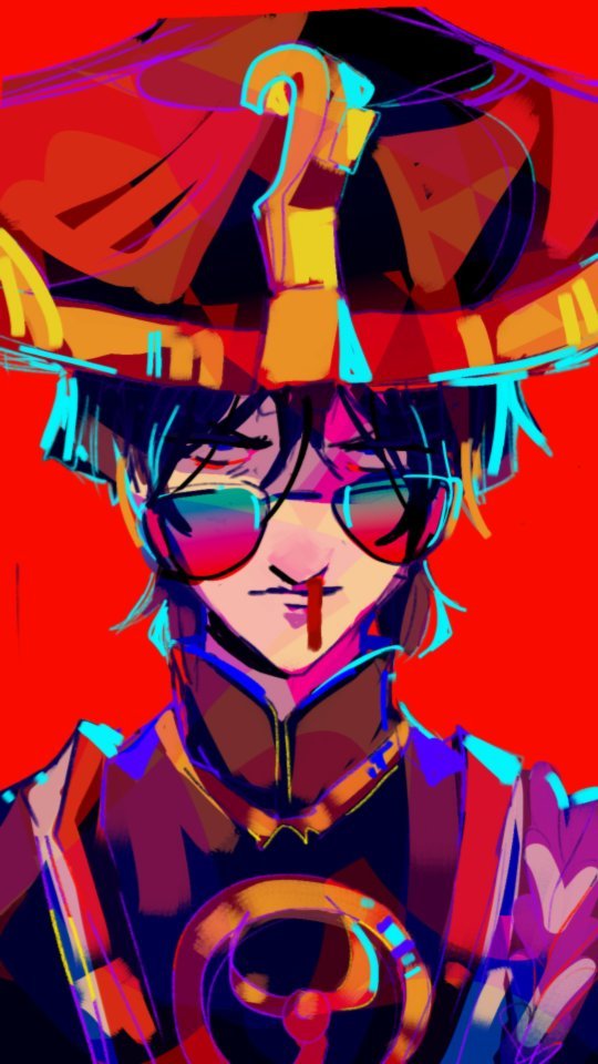 the image is a vibrant, stylized digital portrait of an animestyle character. the character is depicted from the chest up, wearing a large, ornate hat with bright yellow and cyan accents, and sunglasses. their clothing is detailed, with a high collar and bold lines suggesting a uniform or costume. the color palette is extremely striking, using contrasting warm (reds, oranges, yellows) and cool (blues, purples, cyans) tones, with a strong emphasis on neon effects. the character has a noticeable injury indicated by a streak of blood near their nose.  the background is a solid, bold red, which further enhances the vibrancy of the character and costume. the art style is bold and graphic, with lines and shapes playing a significant role in conveying form and texture, rather than photorealistic detail. the overall impression is one of edgy coolness and dramatic flair.