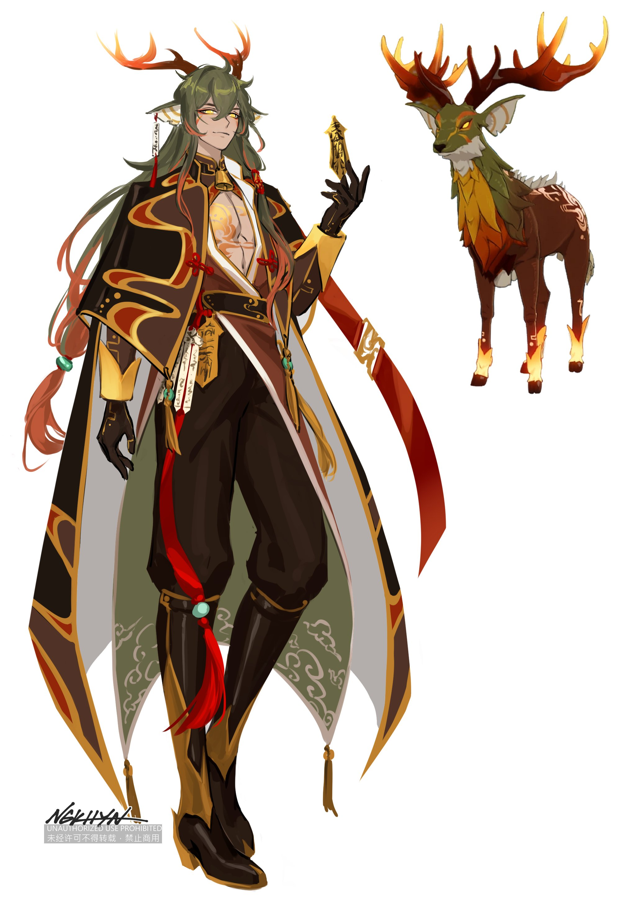 a digital illustration of a male character concept art. a young man with long green hair and red tipped antlers, wearing a red, brown and gold robe, stands next to a large deer with flame tipped antlers.