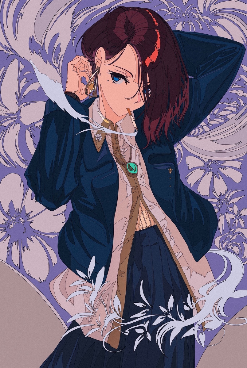 the image is a digital illustration of a stylish anime girl with dark reddishbrown hair. she's wearing a dark blue jacket over a beige shirt and dark skirt.  she's holding a cigarette in her mouth and has a cool, nonchalant expression.  her clothing and accessories are detailed, including earrings and a necklace. the background features a stylized floral pattern in shades of purple and gray, creating a visually appealing contrast to the character. the overall style is modern and artistic with a focus on fashion and aesthetic appeal. the girl appears confident and slightly mysterious.