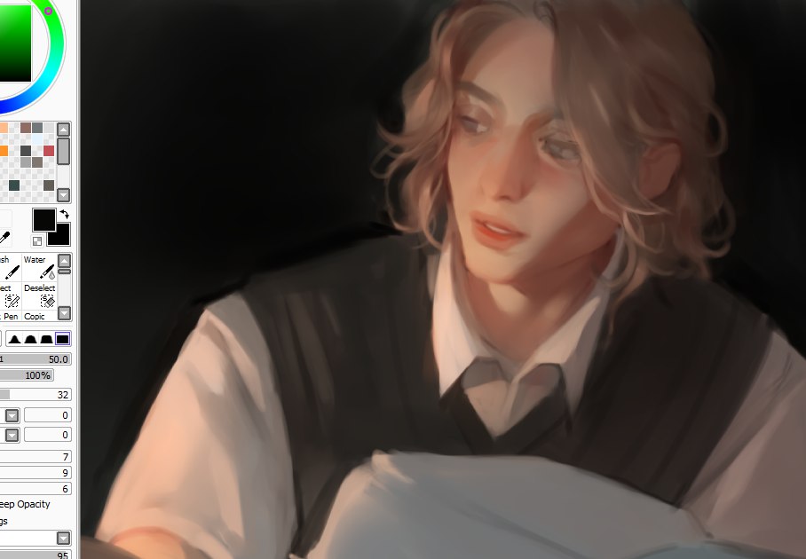 the image depicts a digital painting of a young man with long, blond hair, engrossed in a book. he is wearing a white shirt, a dark tie, and a dark vest. the lighting is warm and soft, suggesting a sunset or sunrise, and casts a gentle glow on the subject's face. the perspective is a closeup, positioned slightly below eye level, drawing the viewer into the intimate scene.  the overall feel of the image is peaceful and contemplative, with a touch of warmth and serenity.