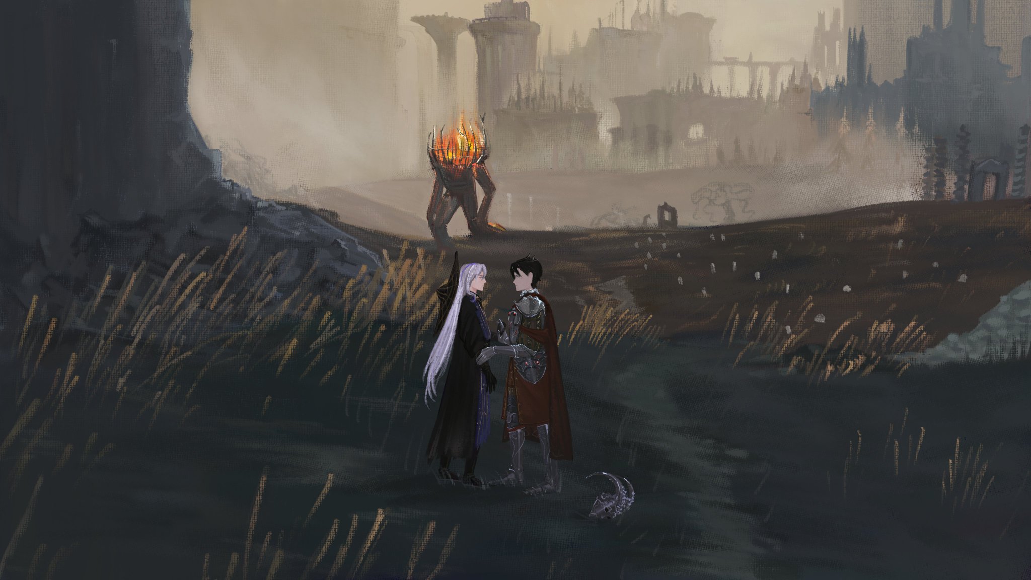 the image is a fantasy landscape, with two characters standing in the foreground. they are a male and female, with the female having long white hair and the male wearing a red and silver armor. they are looking at each other and appear to be in love. the background is a dark and desolate landscape with tall grass and a ruined ancient city. in the distance, there is a large creature with a flaming head. the entire image has a dark and mysterious atmosphere.