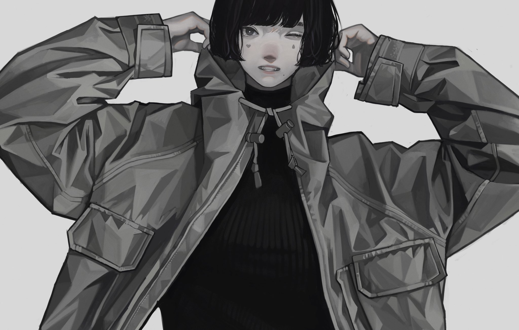 the image is a digital illustration of an animestyle girl. she has short, black bobbed hair and is wearing a large, grey hooded jacket with multiple pockets. the jacket is the focal point of the image, its texture and folds rendered with detail.  she appears to be adjusting the hood of her jacket.  the overall style is monochrome, with shades of grey creating depth and texture. the girl’s expression is serious and her style is cool and edgy. the art style blends realistic rendering techniques with anime characteristics.