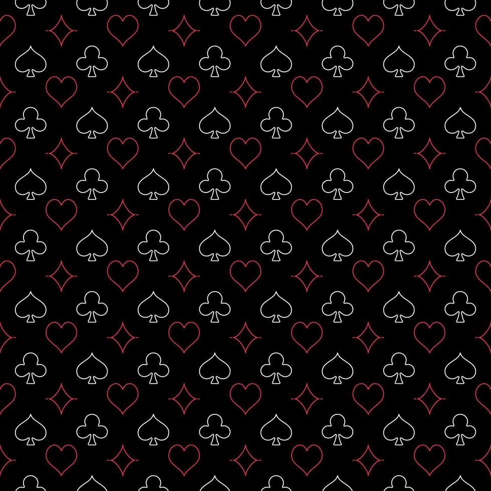 this is a seamless pattern featuring card suits (hearts, diamonds, clubs, and spades) in a repeating design on a black background. the hearts and diamonds are outlined in a red/pink color, while the clubs and spades are outlined in white. the pattern is consistent and spaced evenly.