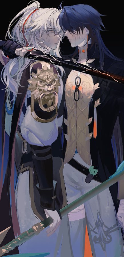 two anime boys, one with white hair and the other with black hair, are standing very close to each other. they are  looking at each other affectionately and holding a sword, showing a romantic and affectionate relationship. their poses and expressions suggest they are in love. the image is full of color and detail, showcasing the artists skill in drawing anime style characters and creating a romantic atmosphere.