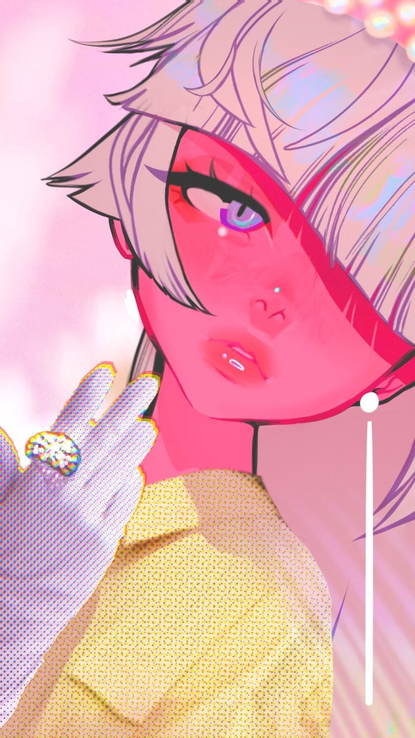 the image is a digital illustration of an animestyle girl. she has pale skin and bright pink features, long, light blonde hair styled with bangs, and is wearing a yellow, patterned collared shirt.  she is adorned with a large diamond ring on her left hand which is wearing a white sparkly glove, and pearl earrings. the overall style is vibrant and heavily saturated with pinks and yellows, with a pop art and glamorous aesthetic. the background is a soft pink with hints of a light and airy feel. the art style is highly stylized, with sharp lines and bold colors.