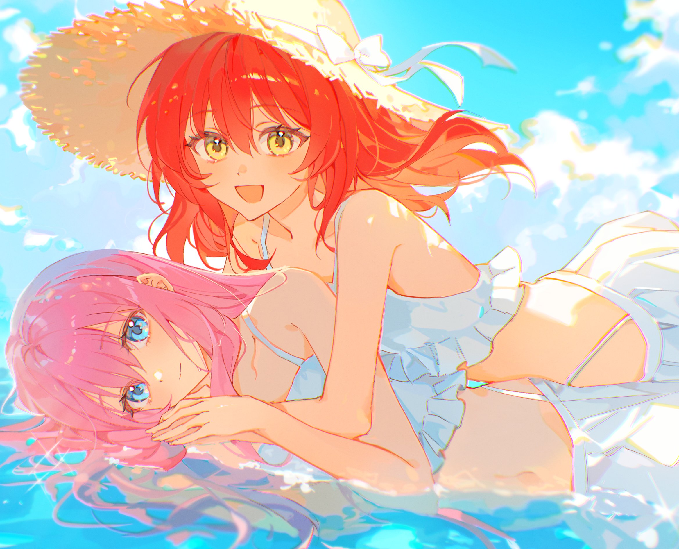 the image is a vibrant digital painting or illustration depicting two anime girls enjoying a sunny day at the beach. one girl has bright red hair and wears a large straw hat and a light blue ruffled swimsuit.  the other girl has bright pink hair and a light blue bikini top. they are playfully interacting in the shallow water, with the pinkhaired girl resting on the water's surface while the redhaired girl is partially lying on top of her.  the overall style is cheerful and lighthearted, employing bright colors and a soft, painterly aesthetic. the scene is filled with sunshine, blue skies, and fluffy white clouds.