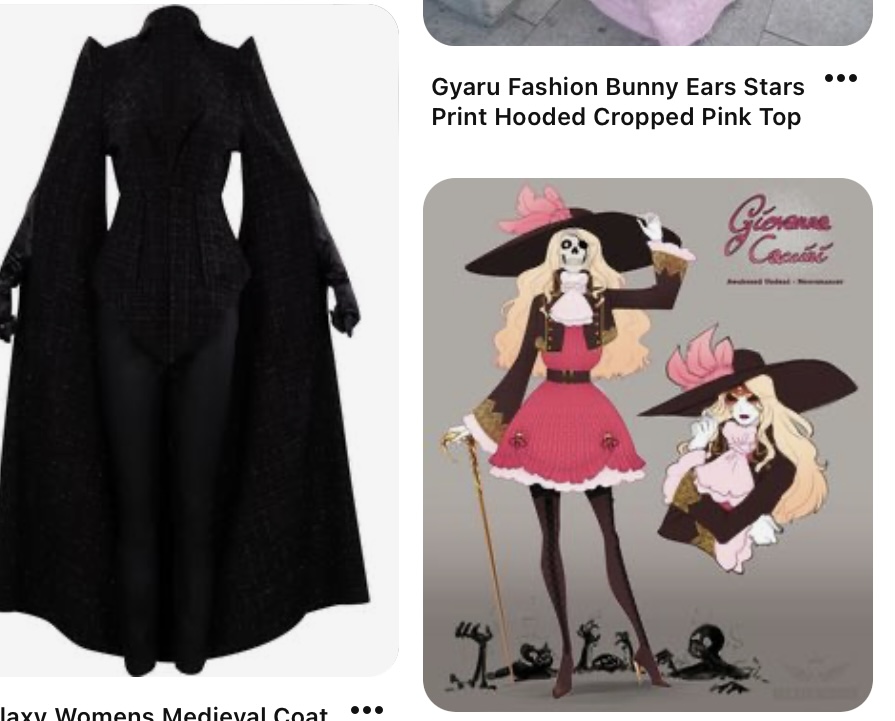 a black, longsleeved, floorlength coat with a high collar and a flowing cape. the coat is fitted at the waist and has a flared skirt. it appears to be made of velvet or a similar fabric and is decorated with subtle sparkling details.  image 2content: clothing, fashion, illustration, drawing, cartoonpeople: illustrated womanenvironment: n/a (illustration)lighting: n/a (illustration)perspective: front viewkw: gyaru, fashion, japanese fashion, bunny ears, stars, pink, top, cropped, hoodie, anime, manga, character design, lolita, kawaii, skeleton, skull, pink dress, hatpalette: ["#f2d7d5", "#212f3c", "#d4ac0d", "#a04000", "#5f6a6a"]desc:  the image features an illustrated female character in two poses, sporting a distinct gyaru fashion style. she wears a pink dress with puffed sleeves and gold accents, paired with a widebrimmed hat decorated with flowers and a skull. her blonde hair is styled with prominent bangs. the background features a handwritten title in cursive script and a simple design of reaching zombie hands at the bottom.