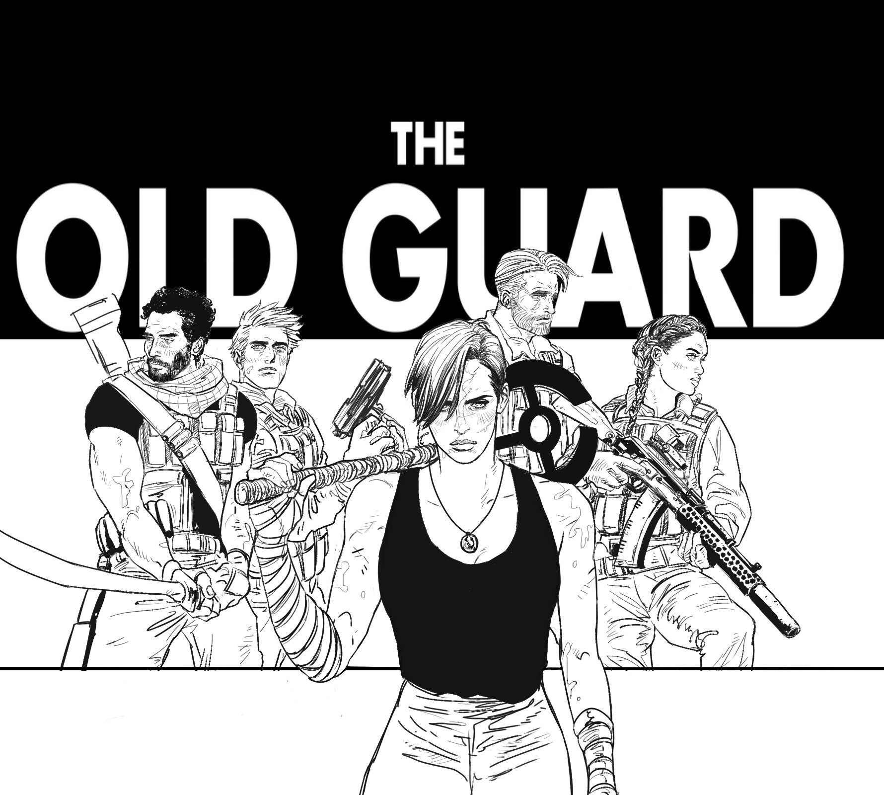 the image shows a black and white illustration of characters from the comic book "the old guard." the team is standing in a line, they are armed with different weapons. the title "the old guard" is at the top of the image.