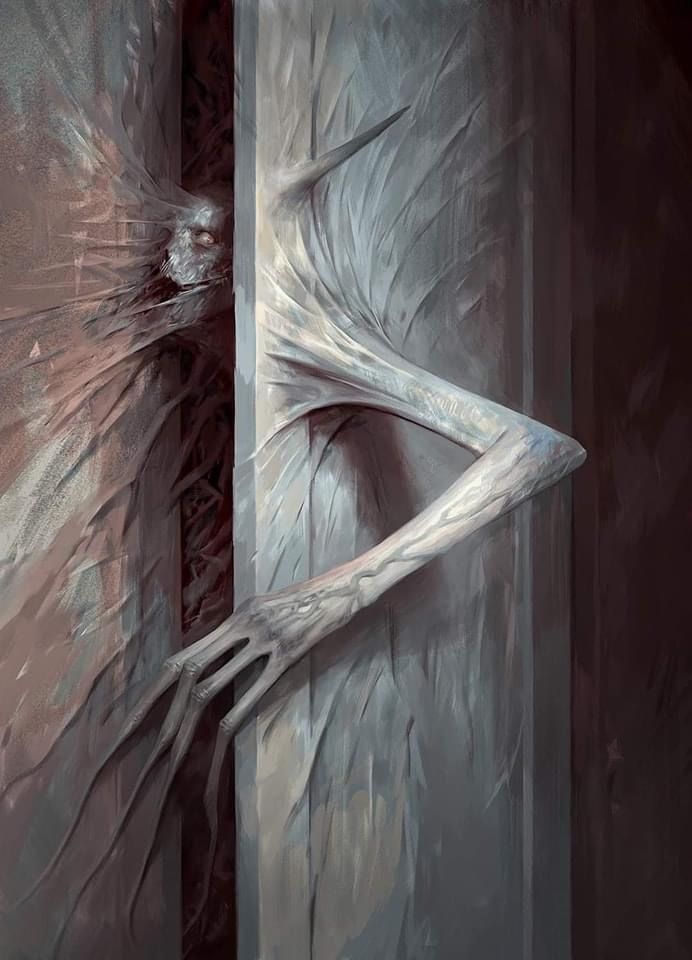 a horrifying illustration depicts a monstrous creature with long, thin, skeletal arms and a bony, skeletal face peeking through a door. the creature's elongated limbs are twisted and contorted as if it is trying to reach out of the doorway. the creature's face is obscured by shadows, but its wide eyes seem to glow in the darkness. the overall tone of the image is dark and menacing, suggesting the presence of something sinister and dangerous. the image evokes a sense of dread and unease, making it perfect for horrorthemed artwork or stories.