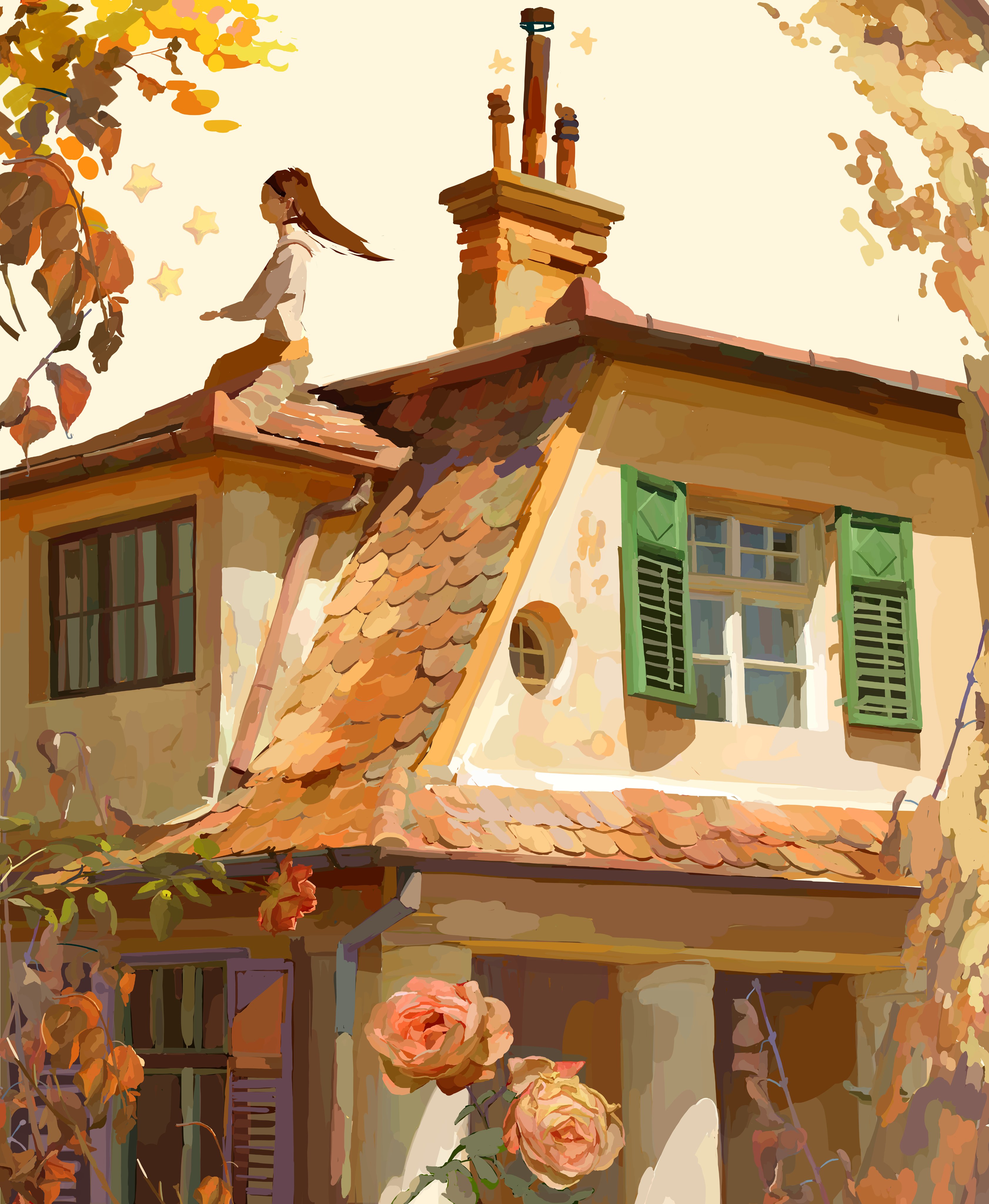 a digital painting depicts a whimsical scene of a young girl with long brown hair sitting on the roof of a charming, old house. the house is light beige with a terracotta tiled roof and green shutters on the windows. autumn leaves are falling from a tree in the upper left corner, and there are roses growing near the base of the house.  the overall feeling is peaceful and serene, with a touch of fairytale charm.  stars are visible in the sky, adding to the dreamy atmosphere.  the style is painterly, with visible brushstrokes.