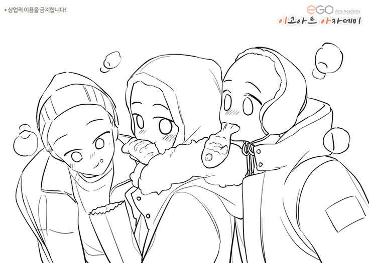 this image shows a cute group of anime friends. the friends are all wearing warm winter clothes and are eating fish cakes. they are all smiling and appear to be enjoying their time together. the drawing style is simple and colorful, with a focus on the characters' expressions and cuteness.  the image conveys a sense of warmth, happiness, and friendship.