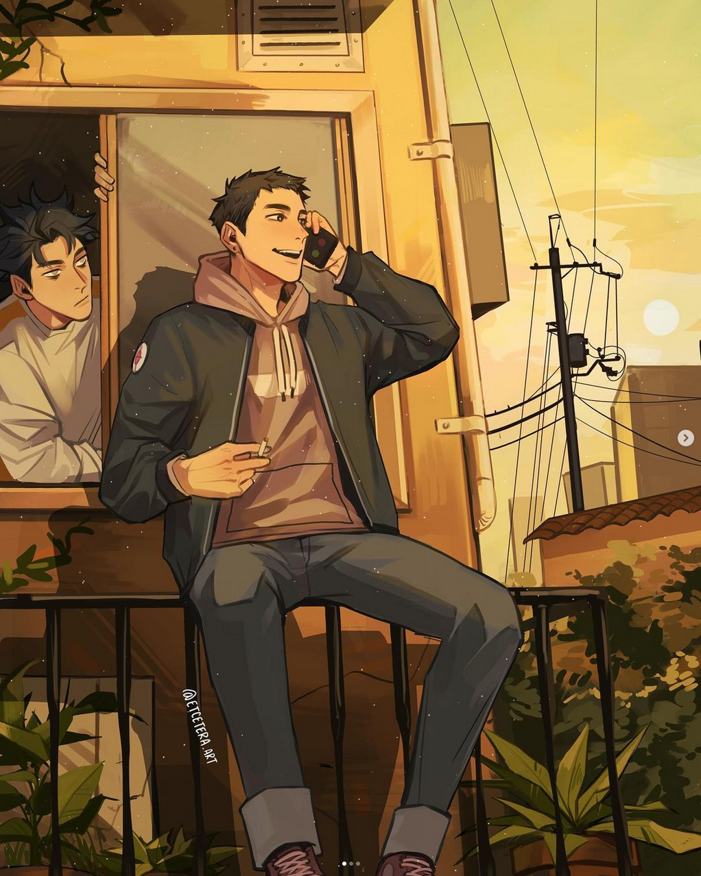 the image shows two young men on a balcony during sunset. the scene is bathed in warm, golden light. one man stands inside, looking out with a somewhat annoyed expression. the other man sits casually on the balcony railing, engaged in a phone conversation with a smile on his face. he holds his phone to his ear with one hand and a cigarette loosely in the other. the background suggests an urban setting with buildings and power lines visible.  the overall mood is a mix of relaxation and potential tension.