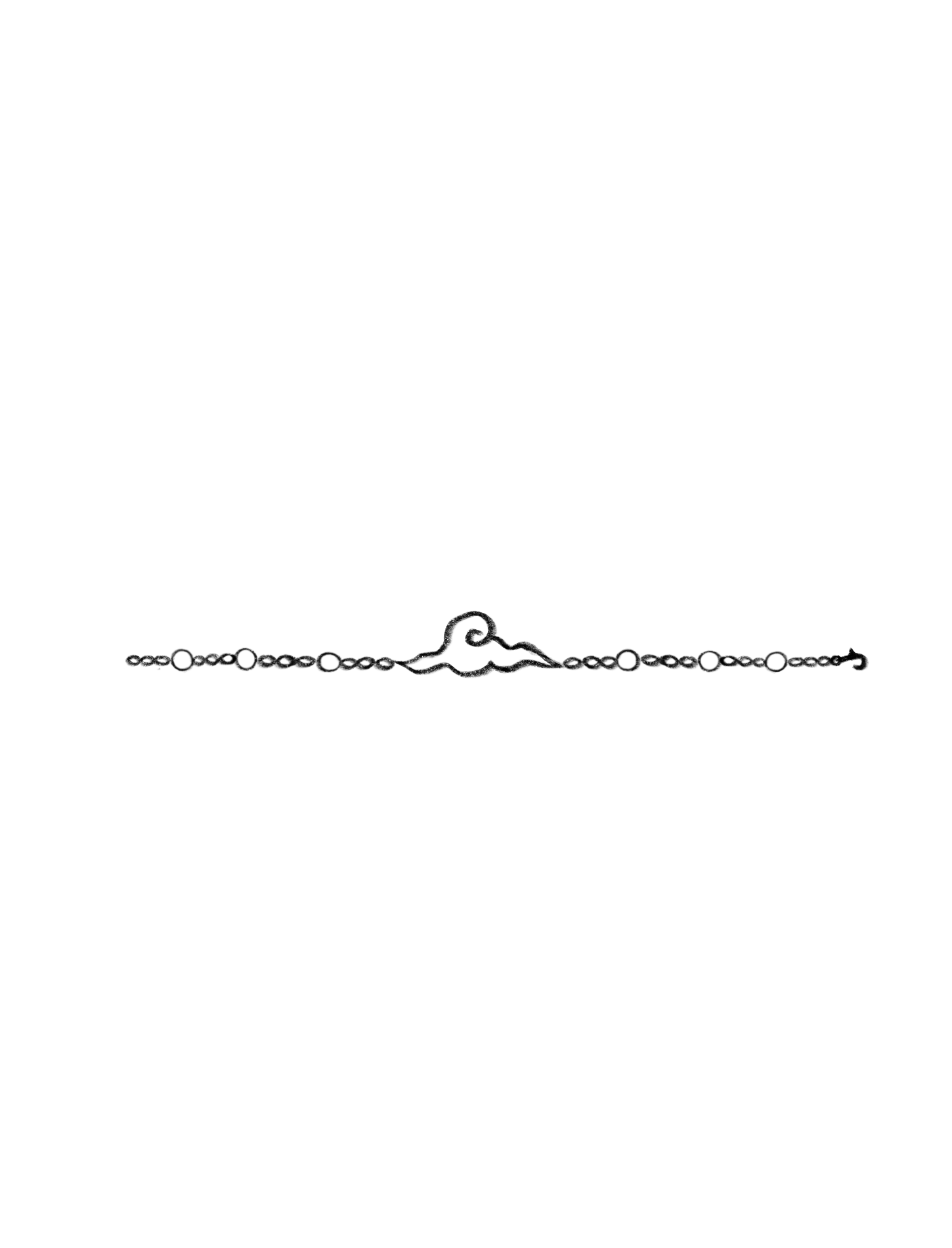 a decorative line art divider featuring a central stylized cloud design flanked by a chainlike pattern with circles and dots, ending in a flourish on the right side.
