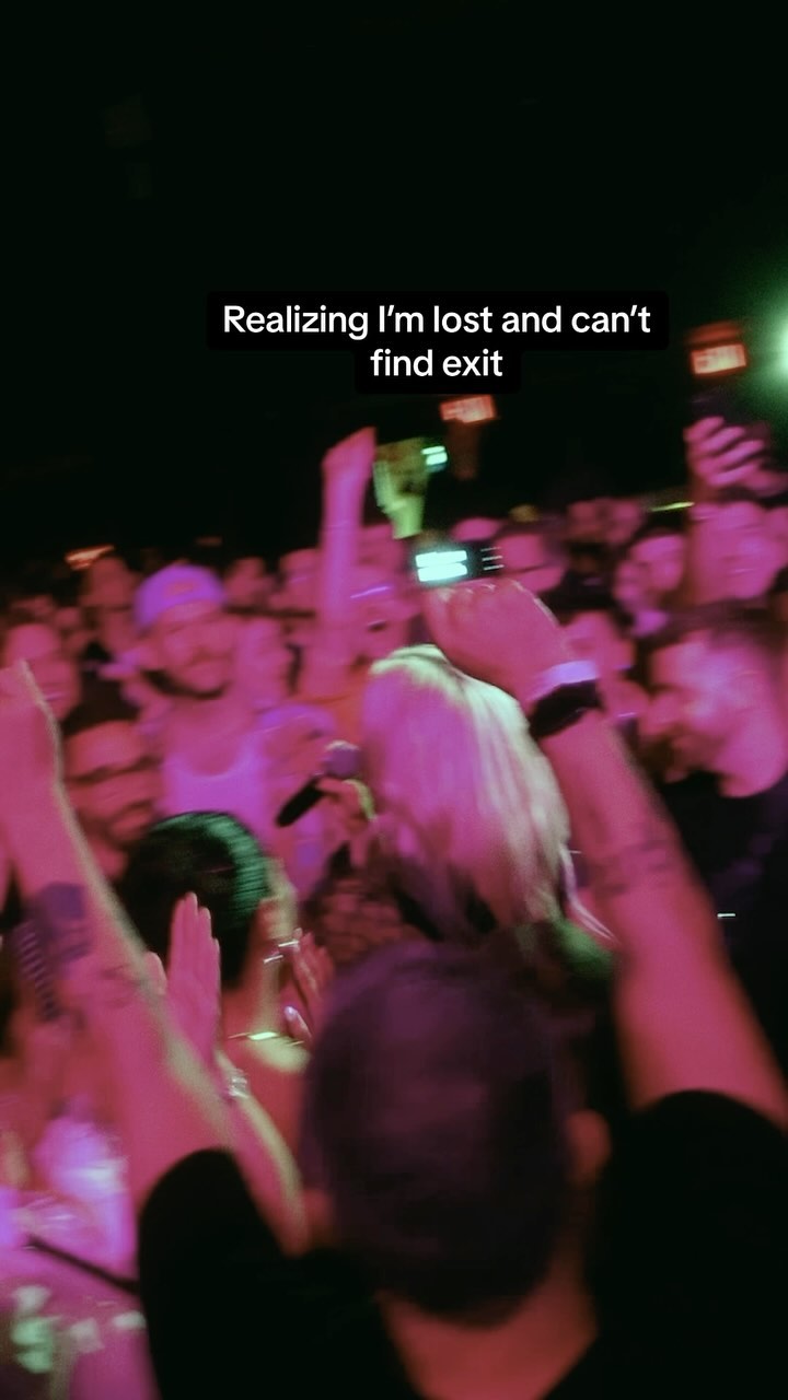 a crowded concert venue at night with the text "realizing i'm lost and can't find exit" superimposed.