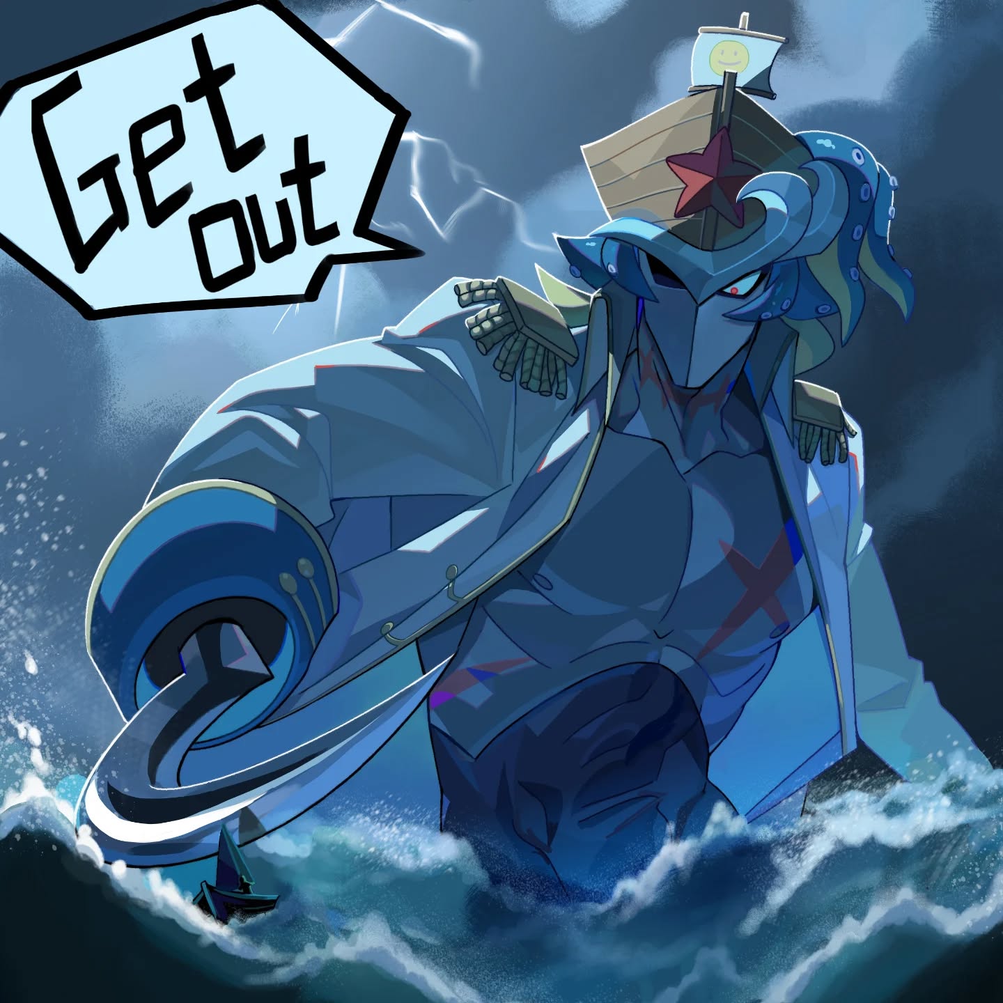 the illustration depicts a colossal, menacing sea monster, possibly a kraken or octopuslike creature, designed in an anime/manga style.  it's wearing a captain's uniform with a shipshaped hat adorned with a red star. its muscular, humanoid torso is partially revealed beneath a torn, lightcolored coat. the monster has a masklike face and carries a large, curved, hooklike weapon. it stands amidst raging ocean waves, looming over a small ship. a speech bubble above it proclaims "get out" in a bold, handdrawn font. the overall atmosphere is dark, dramatic, and intensely threatening. the style is vibrant, with strong contrasts between light and dark blues. the creature's imposing size and menacing expression convey a clear sense of danger and power.