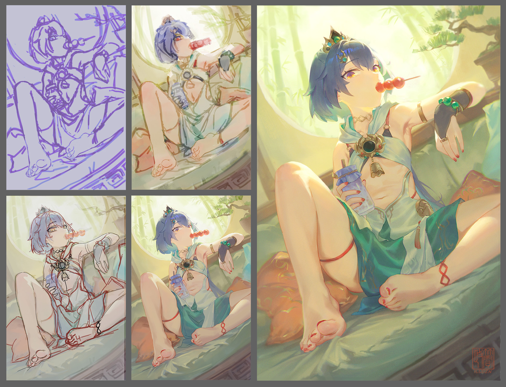 the image shows the process of creating a digital art illustration of the character yaoyao from genshin impact. it includes several steps: a purple sketch, initial coloring, further detailing, and the final completed artwork. the final image features yaoyao sitting on a green surface with pillows, holding a drink, eating a snack, and wearing her distinctive outfit. the background shows bamboo trees and a round window. the process showcases the transition from sketch to a fully rendered illustration.