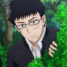 a closeup portrait of a young anime man with short black hair and glasses. he has a scar on his cheek and wears a black school uniform. he's surrounded by lush green foliage, suggesting a forest setting. the lighting is soft and natural, creating a contemplative mood. his expression is serious and thoughtful.
