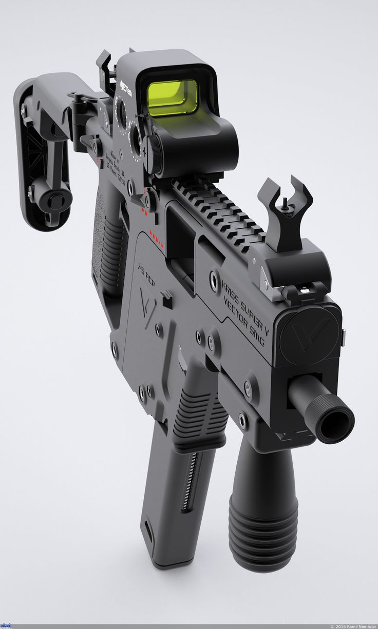 a closeup studio shot of a black kriss vector submachine gun against a white background. the gun is equipped with tactical optics and a reflex sight.