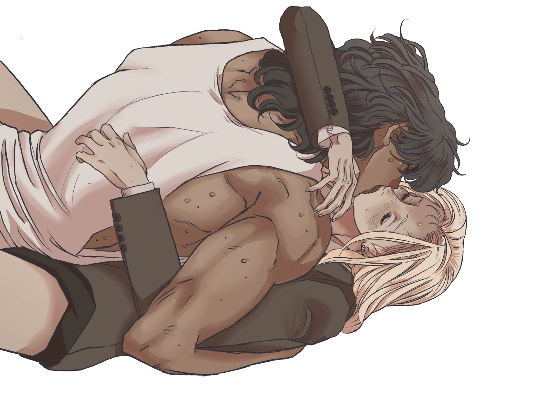 an illustration of a couple kissing passionately. one person has dark hair and is wearing a suit, while the other has blonde hair and is partially undressed in a white shirt. they are embracing closely, and the scene is romantic and intimate. the art style is somewhat stylized and the background is plain white.