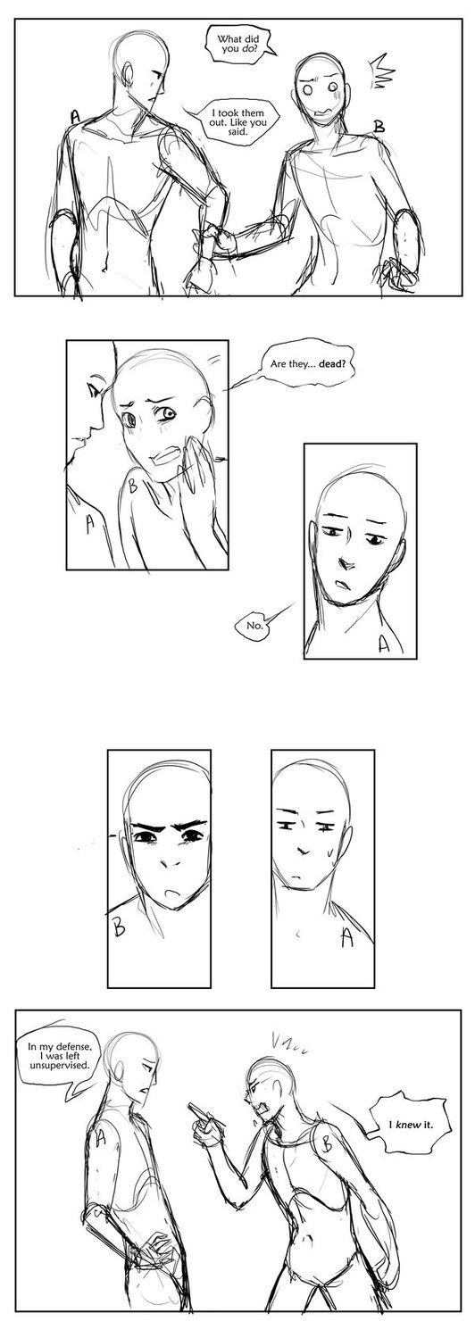 this is a black and white comic page that contains multiple panels that show a story unfold, but only the character outlines are visible. the characters are in different poses and have various expressions on their faces. there is dialogue within some of the panels.