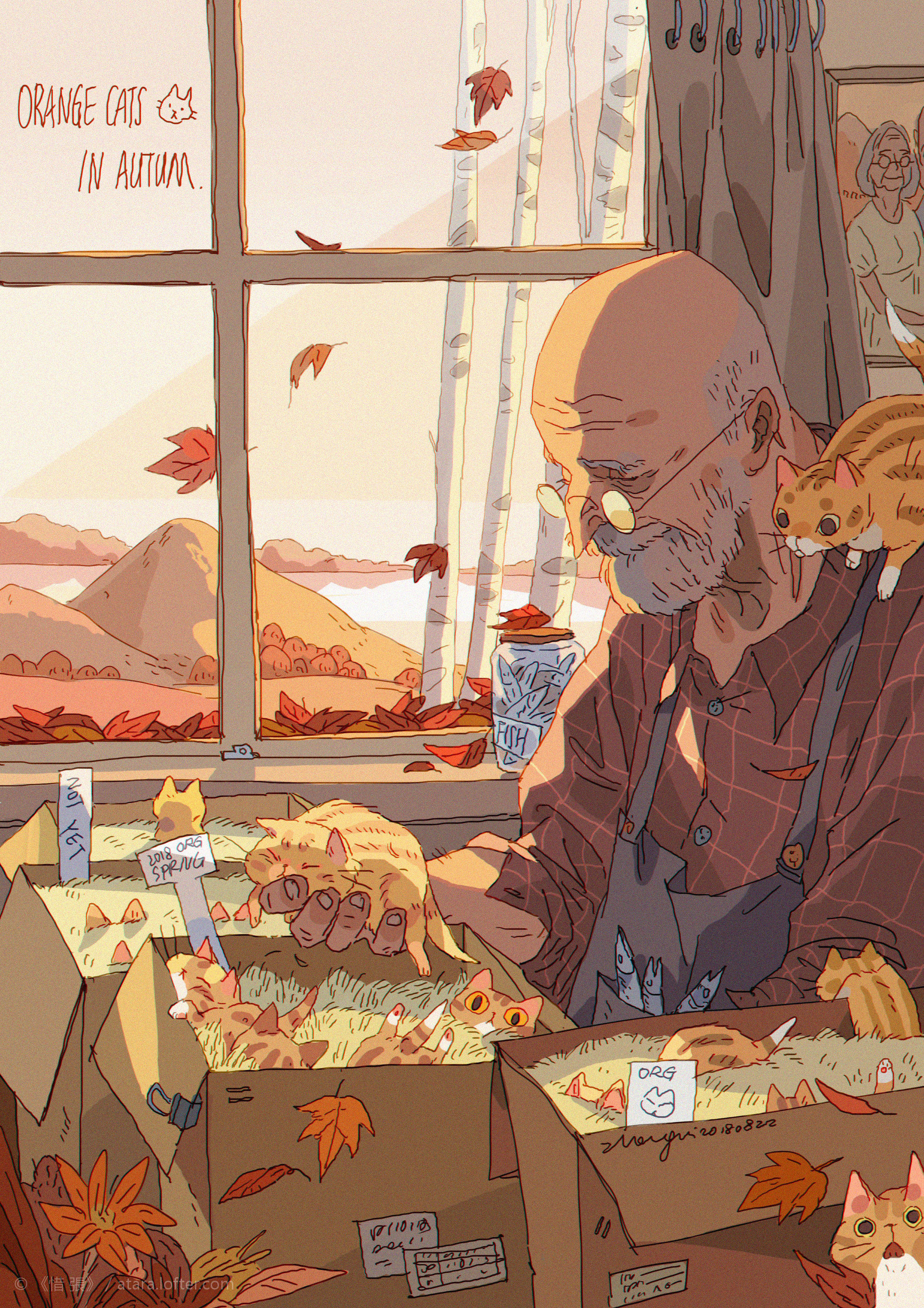 an illustration of an elderly man with glasses and a beard is holding a box full of orange kittens. the man is sitting by a window looking out at a fall landscape. the window shows a  view of rolling hills and trees in autumn colors. the man is smiling and appears to be happy.  the drawing is done in a warm, inviting style. the scene is calm and peaceful, suggesting a quiet moment of contemplation and joy.