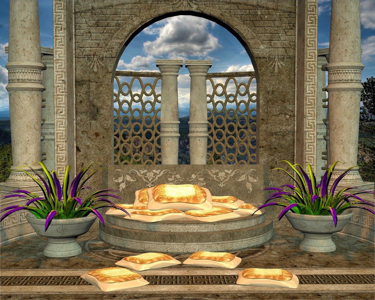 this image depicts a stone balcony or platform, adorned with multiple golden pillows scattered around a central raised area that is also covered in pillows. two planters filled with plants bearing green and purple leaves flank the main pillow arrangement. stone columns and decorative stone walls frame the scene, and a view of mountains and sky is visible through an arched opening. the balcony is decorated with greek key patterns on the floor and columns.