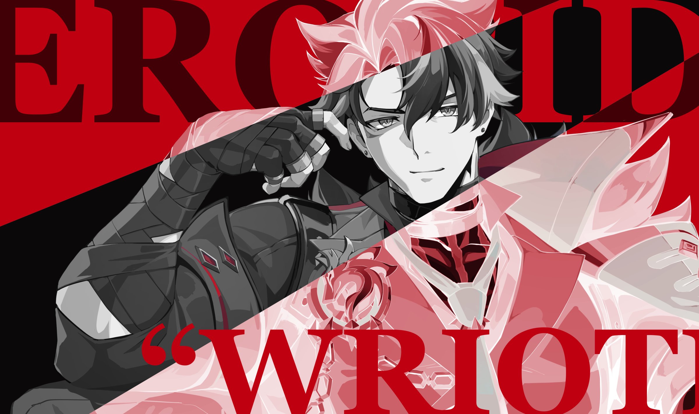 the image is a stylized piece of fanart featuring scaramouche (wanderer) from the video game genshin impact.  it's a dynamic composition, using a split effect with grayscale on one side showcasing the character's more serious, shadowed side, and a redtoned section on the other highlighting a more powerful, perhaps more villainous, aspect of his design.  the words "erode" and "wriot" are prominently featured in bold red lettering, suggesting a narrative or theme related to his character. the overall style is sharp, contrasting, and dramatic.