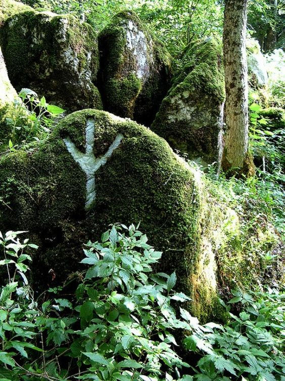 the image shows a mosscovered rock in a forest with a white rune symbol painted on it. there are other mosscovered rocks and lush green plants surrounding it, along with a tree in the background.