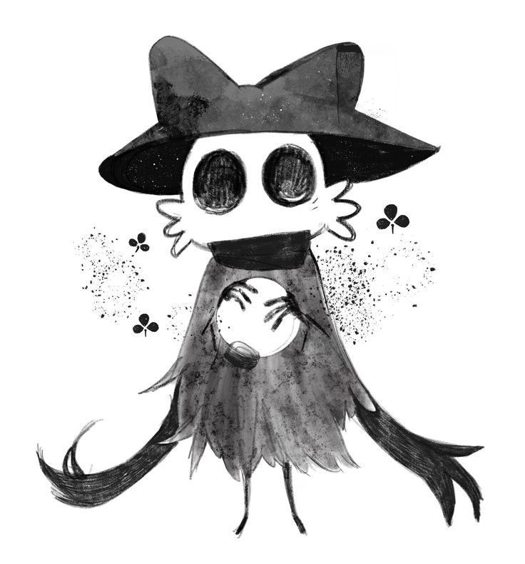a black and white drawing of a fictional creature. it has a white face resembling a skull with large black eyes, wearing a black hat and robe. it's holding a white sphere in its hands. there are small black clover symbols scattered around it. the creature has a whimsical, cartoonish appearance.