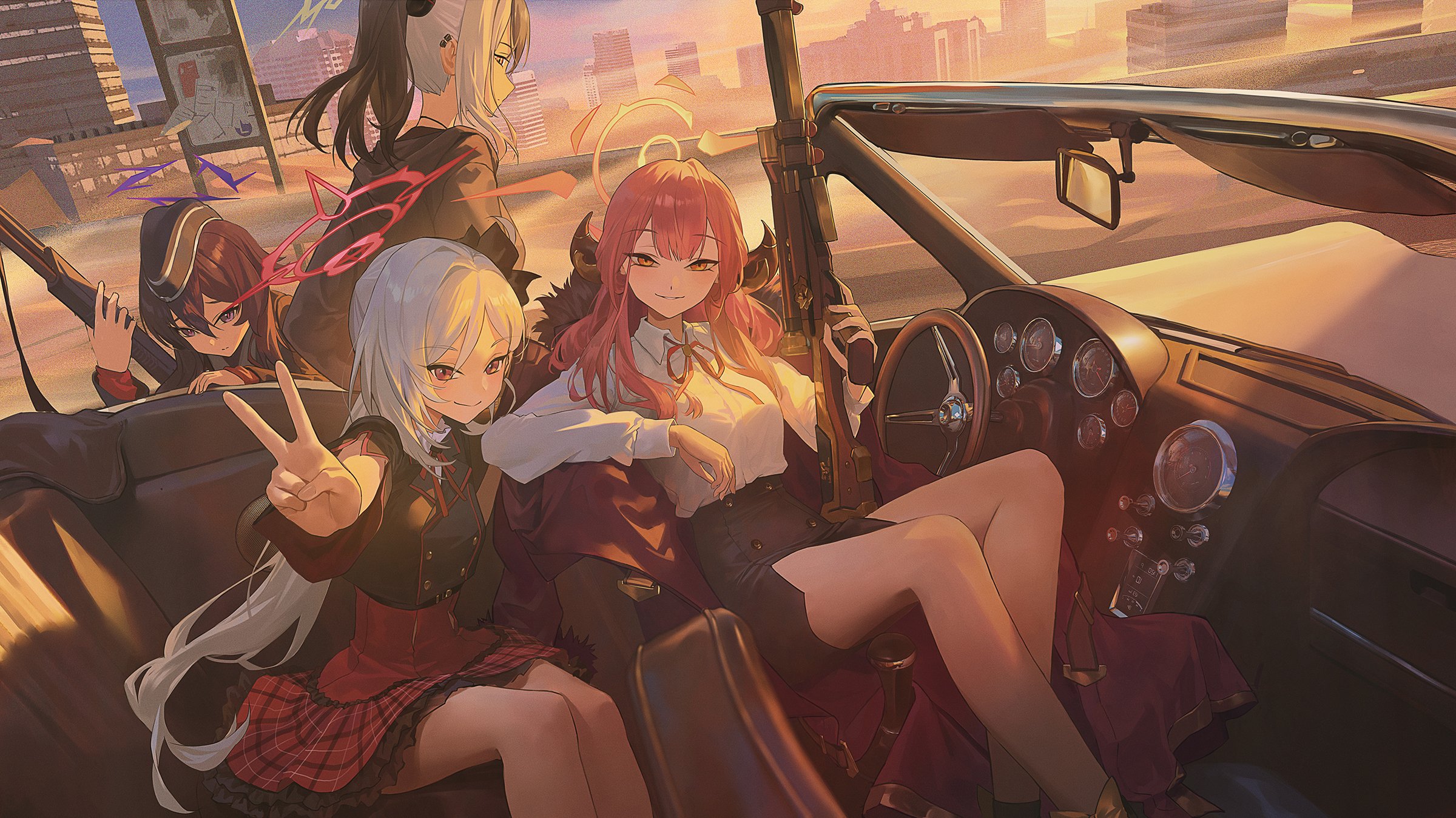 four anime girls are on a joyride in a convertible against the backdrop of a city at sunset. one girl is driving, another is holding a gun, and the others are striking poses. the warm sunset bathes the scene in a golden light, creating a sense of adventure and camaraderie.